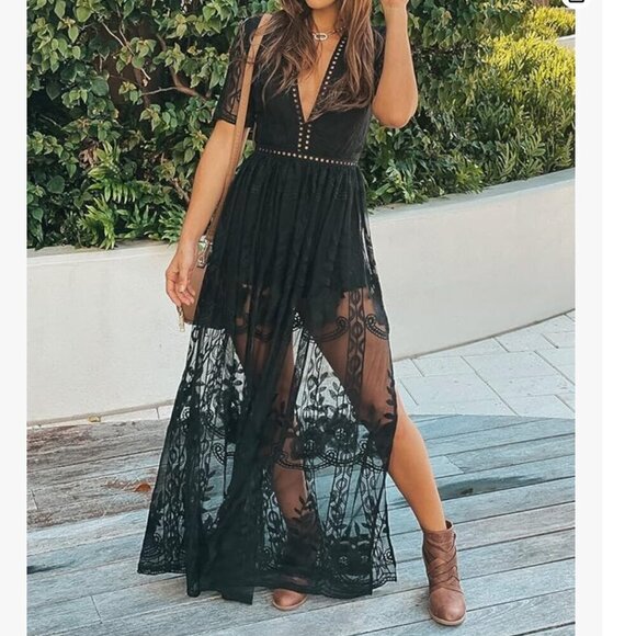 Eleter Dresses & Skirts - Eleter Womens Black Deep V-Neck Lace Romper Short Sleeve Long Dress-Size S